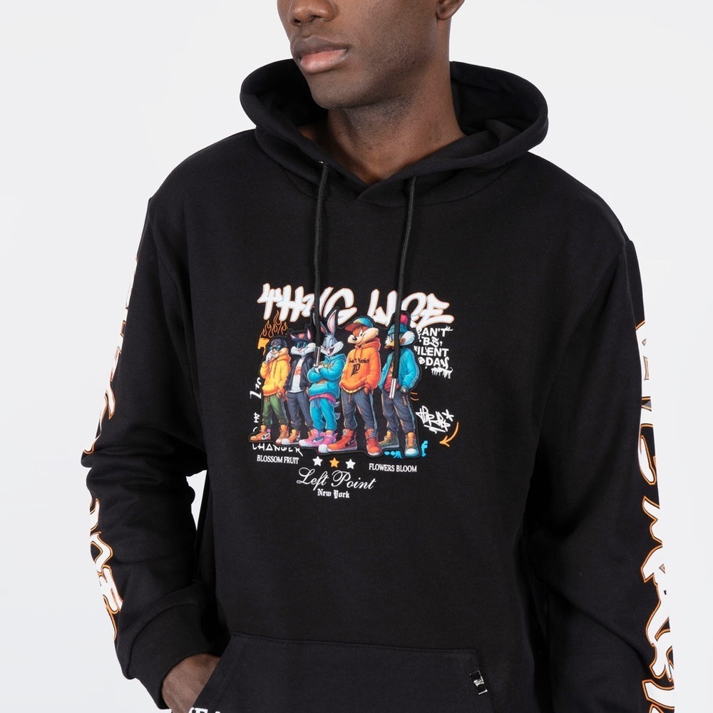 LEFT POINT Black Graphic Hoodie with Colorful Design Sz M